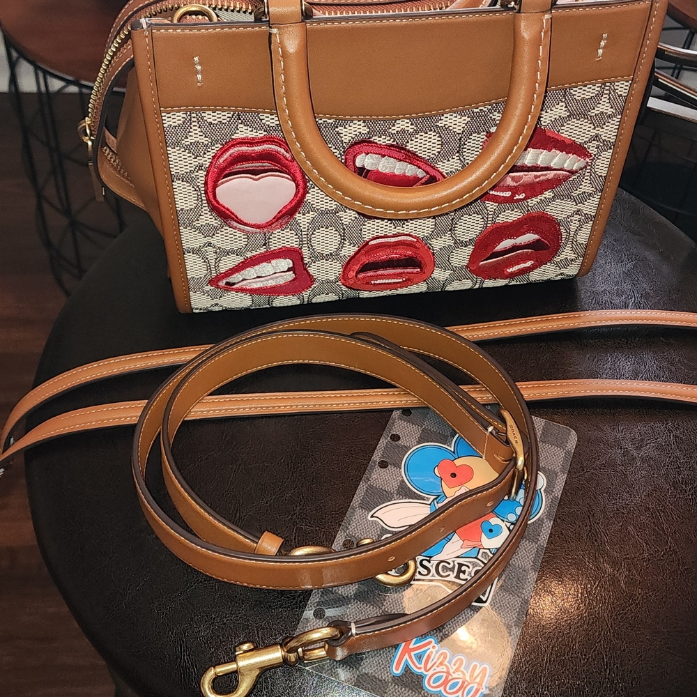 Coach Tan and Red Satchel with Lip Design